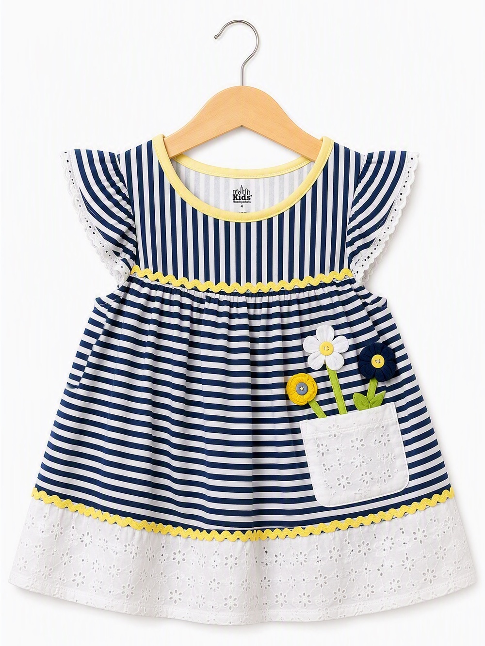Kids Headquarters Navy Striped Eyelet 3D Flower Pocket Dress 4Y Nautical Stripe